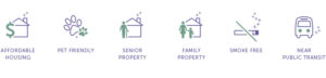 affordable housing, pet friendly, senior property, environmentally conscious, smoke free, near public transit icons