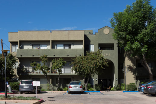 Exterior with balconies, parking lot, 1255 on building